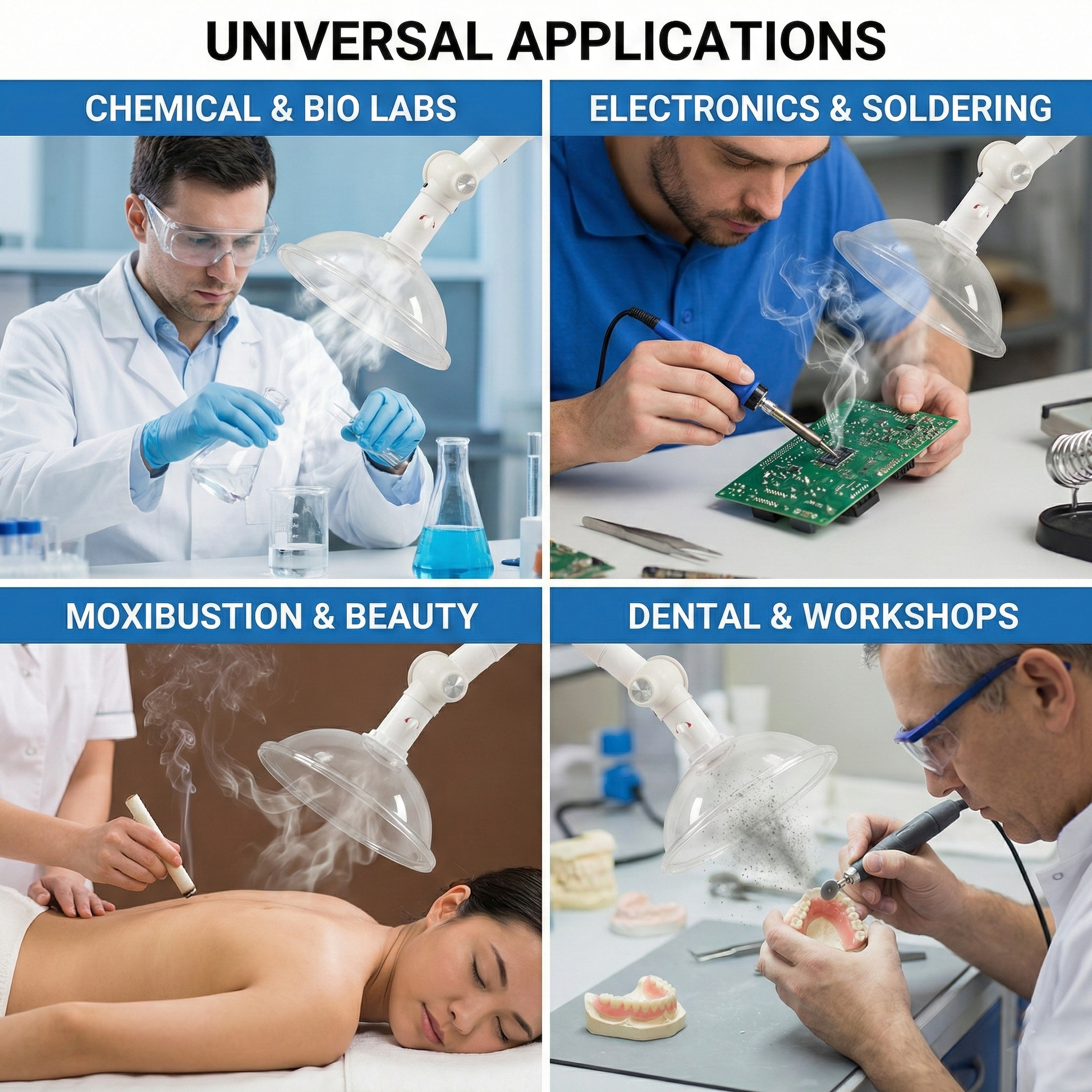 Laboratory technician using ceiling mounted fume extractor arm for smoke removal.