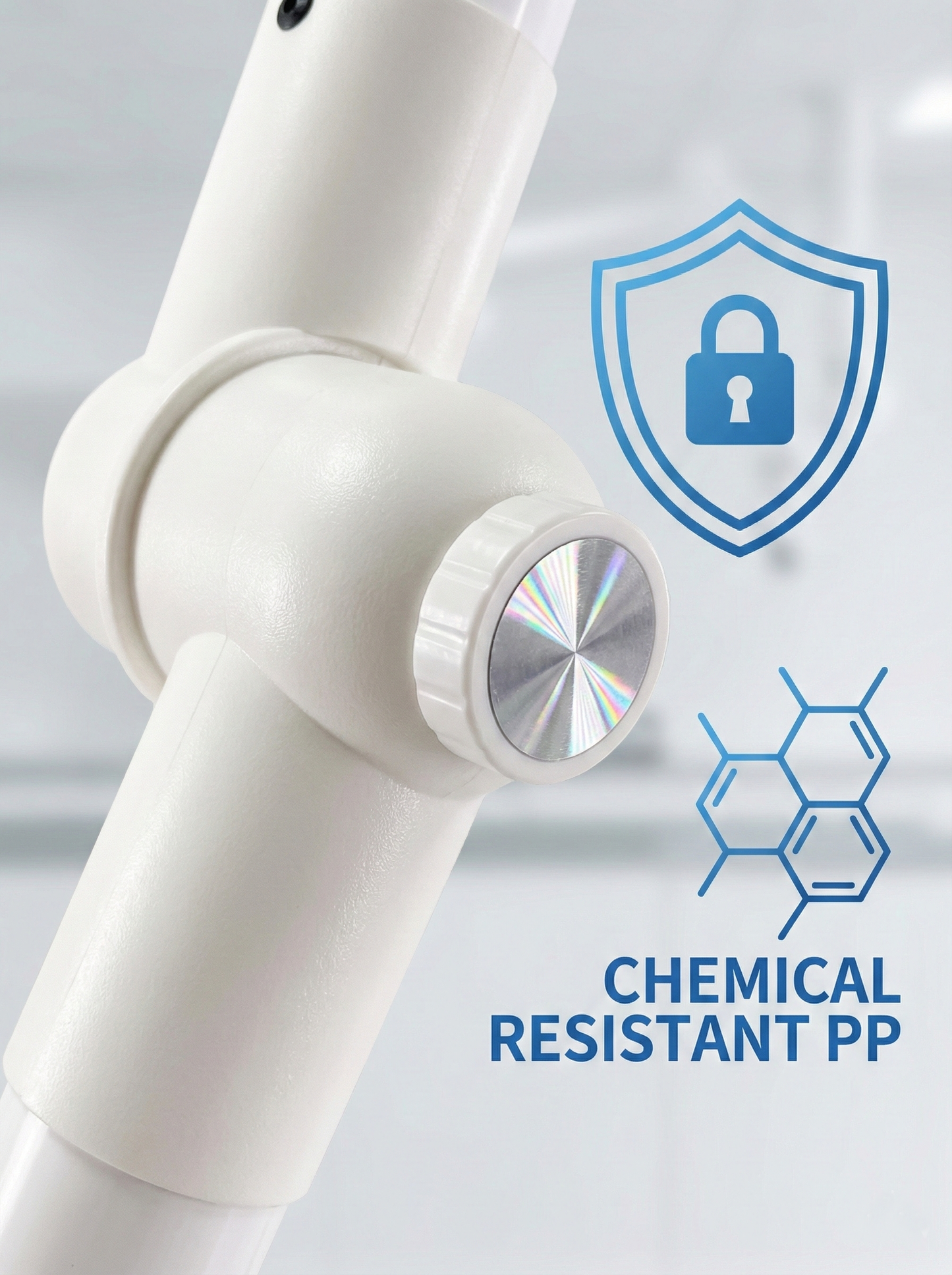 Chemical resistant PP joints and airflow control valve close-up.