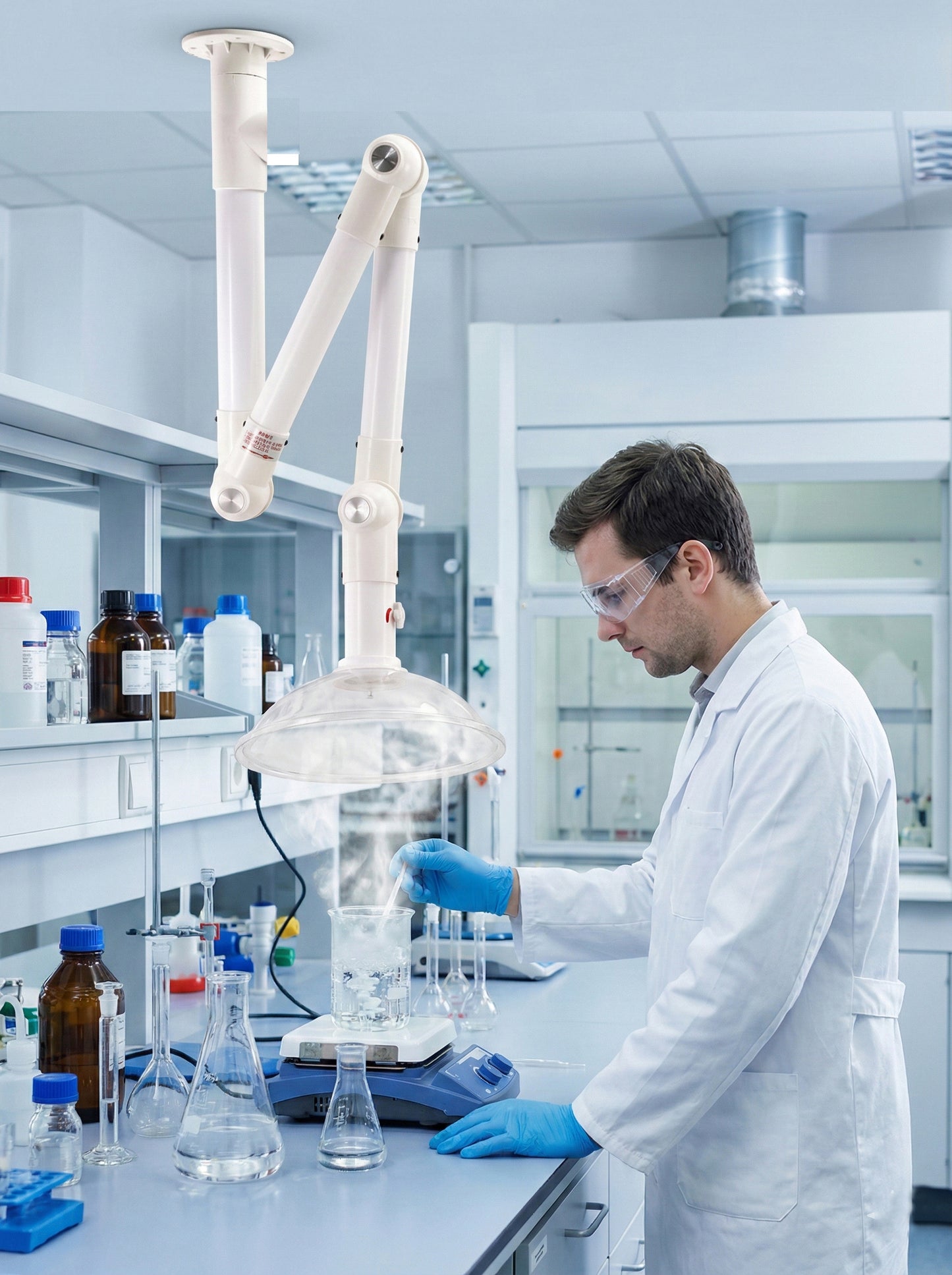 Laboratory technician using ceiling mounted fume extractor arm for smoke removal.