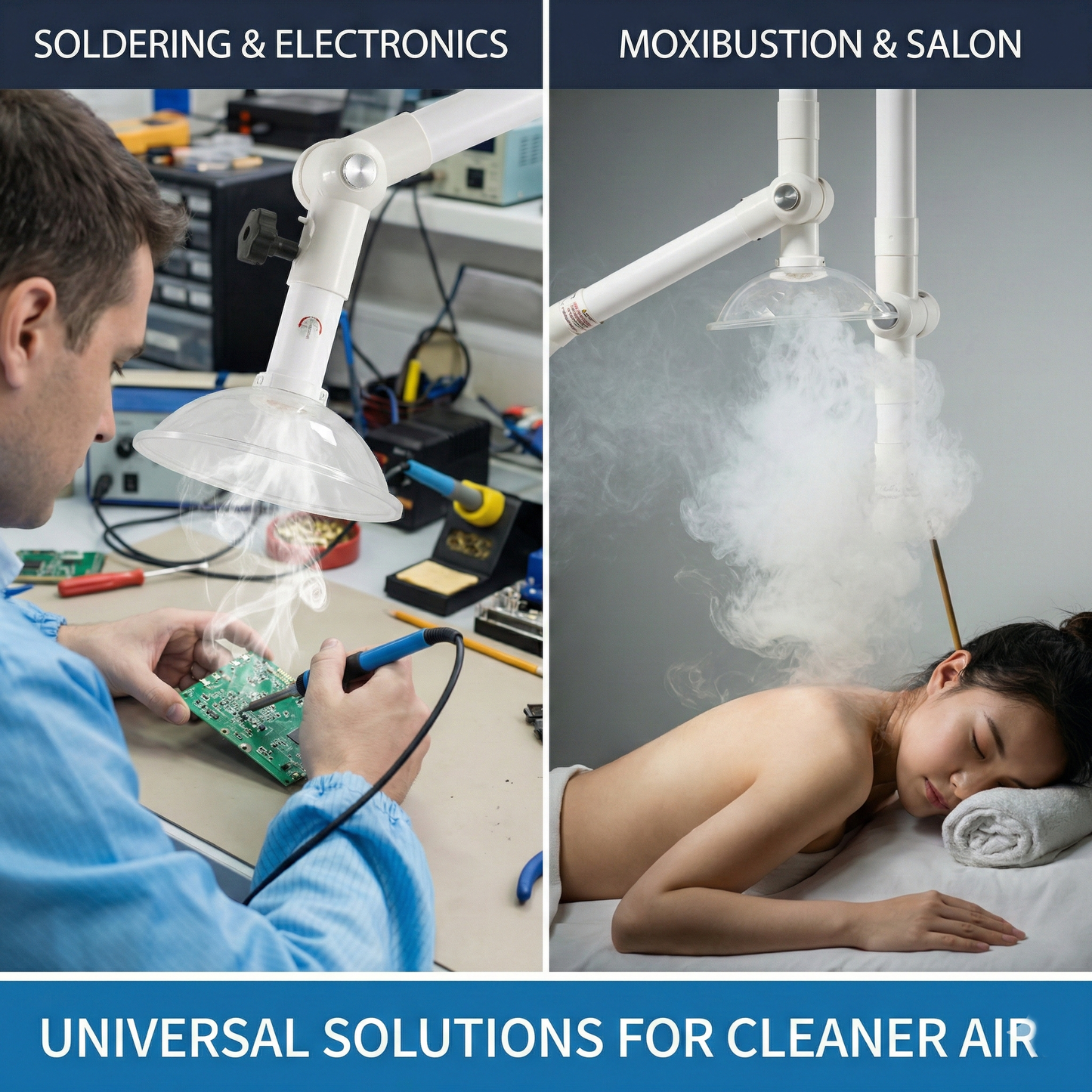 Laboratory technician using ceiling mounted fume extractor arm for smoke removal