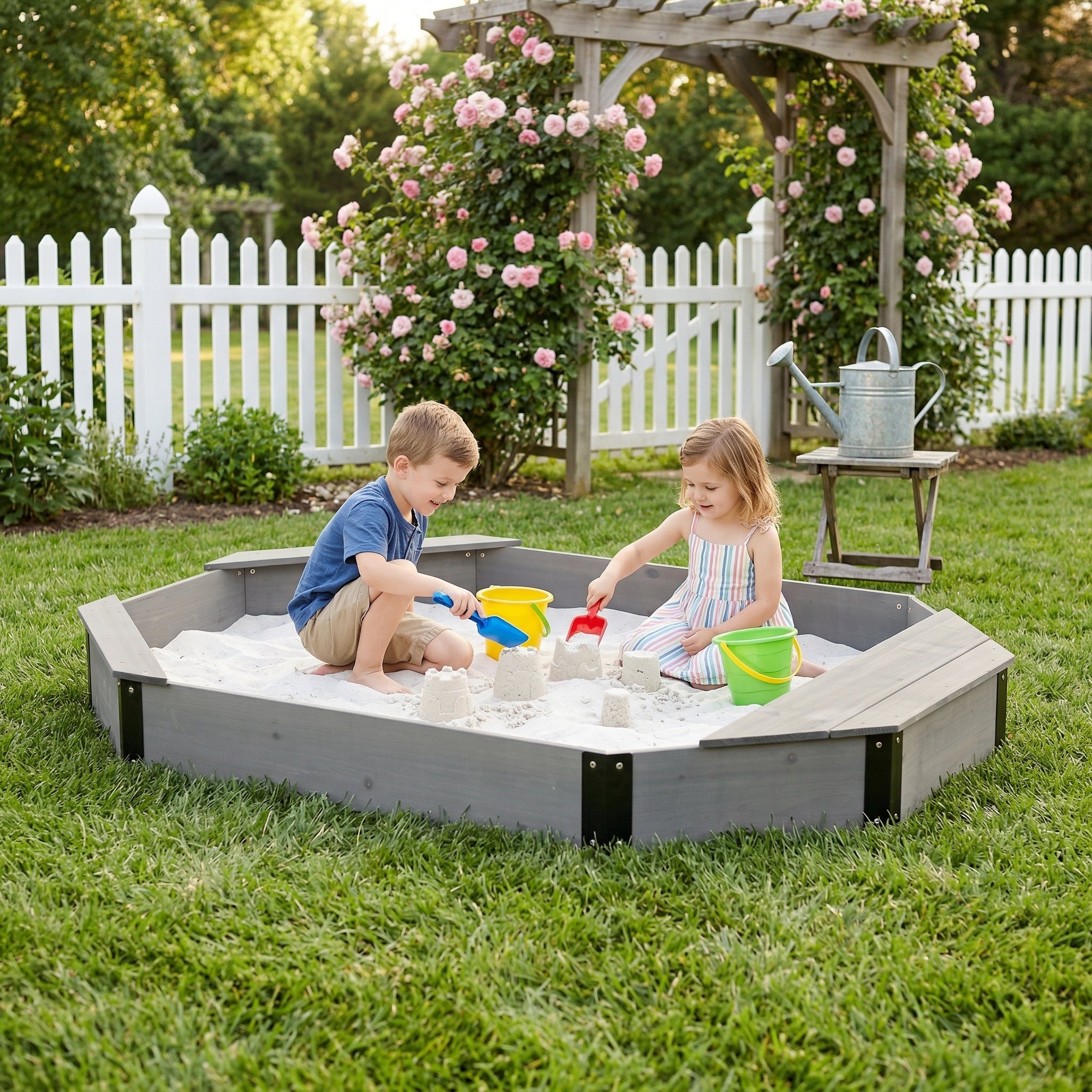 ZC FLYYD Solid Wood Octagon Sandbox with Built-In Storage & Seating