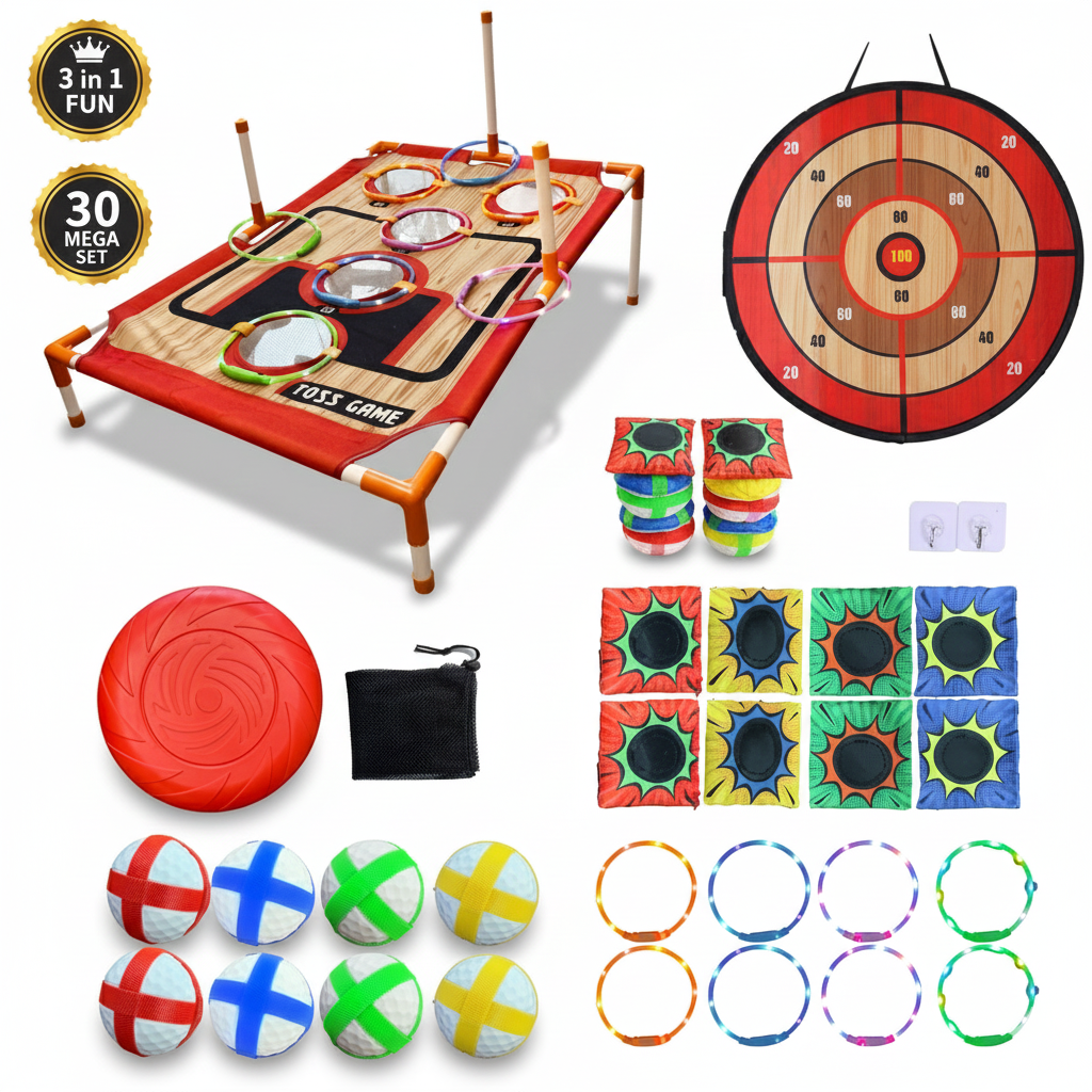 ZC FLYYD Ultimate 4-in-1 Family Game Center - 30-Piece Deluxe Bundle with LED Light-Up Rings, Bean Bag Toss & Sticky Target