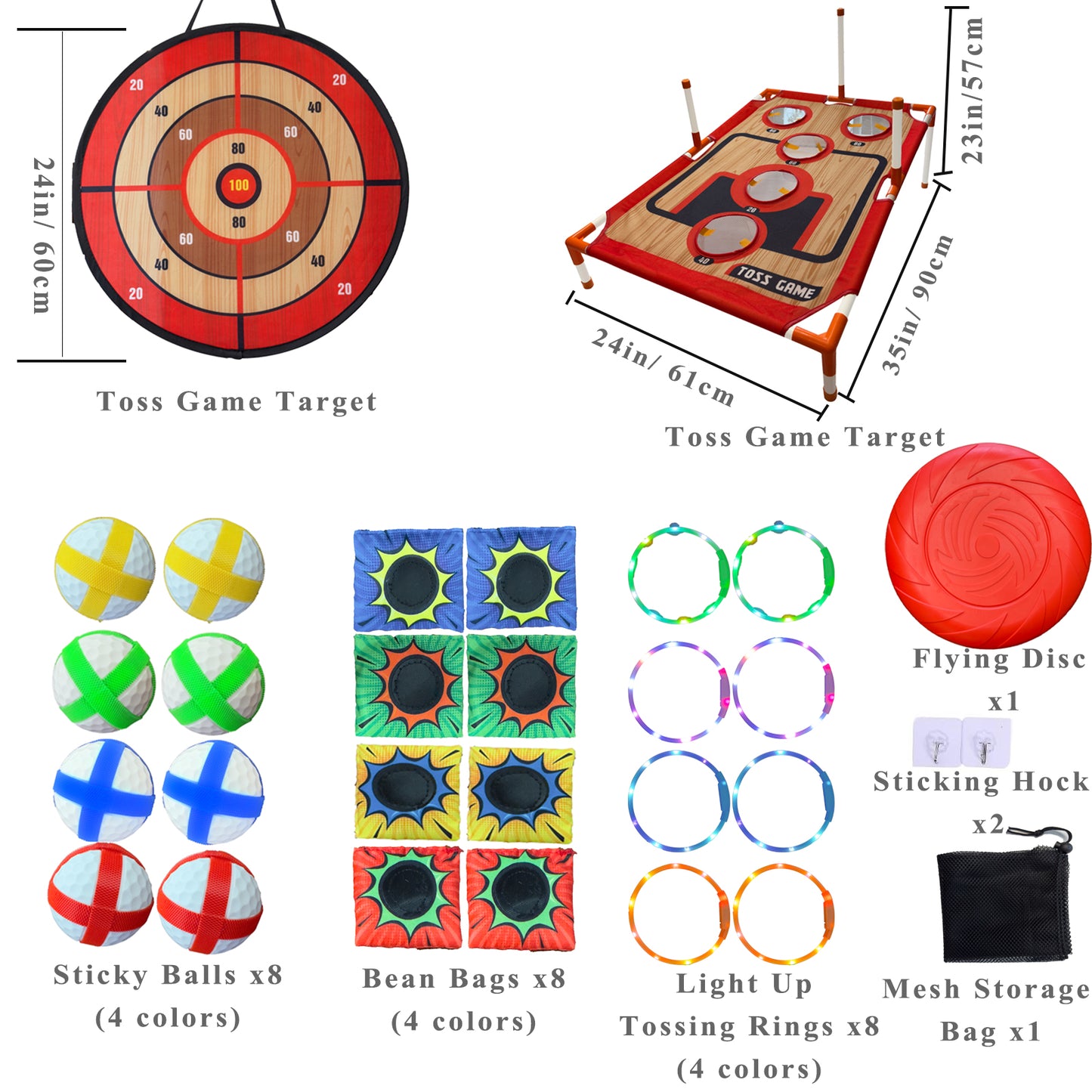 ZC FLYYD Ultimate 4-in-1 Family Game Center - 30-Piece Deluxe Bundle with LED Light-Up Rings, Bean Bag Toss & Sticky Target